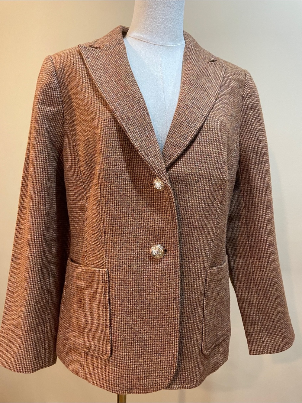 Talbots Classic Shetland Ripen Check Brown Tweed Blazer with Gold-Tone Buttons
